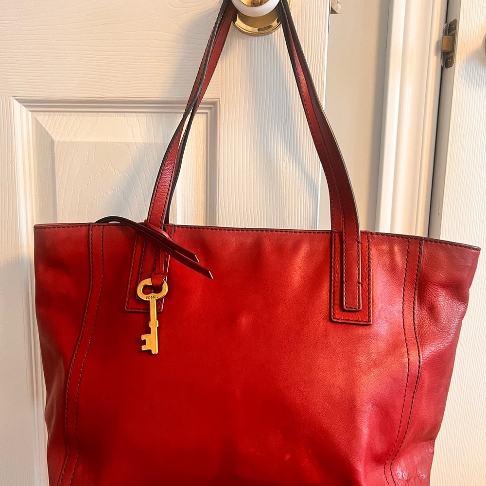 Fossil Red Leather Tote Bag